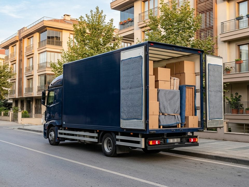 Apartman önünde yüklenen lacivert kapalı kasa kamyon